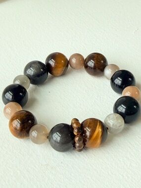 Tiger Eye Moonstone Obsidian Bracelet | Large Bead | Unisex